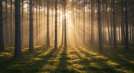 Obraz premium Sunbeams Illuminating Misty Forest Path Magical Sunrise Scenery