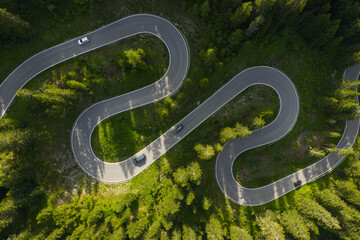 Winding Mountain Road Surrounded by Green Forests on a Sunny Day
