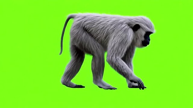 3D realistic Semnopithecus monkey idle loop motion cycle side view Rendering on the Green Screen, 4k gray langurs Primate or on chroma key, genus of Old World monkeys native to the Indian subcontinent