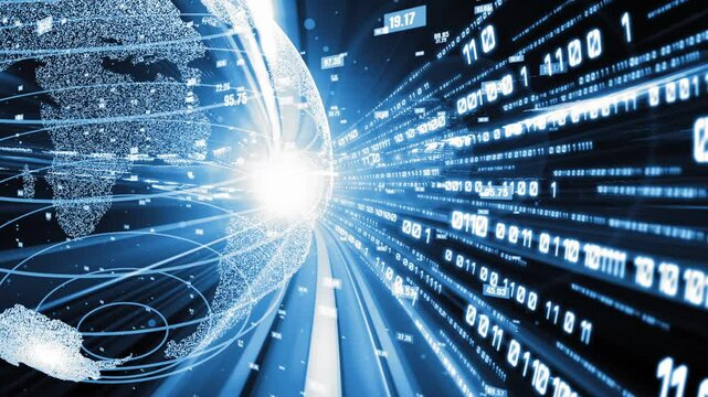 Futuristic global network and tacit digital data transfer 3D graphic . Concept of smart digital transformation and technology disruption that changes global trends in new information era .