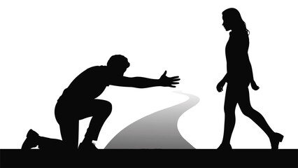 Silhouette of a man and woman couple, man kneeling in front of his woman black vector