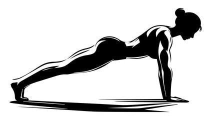 Black and white silhouette of a girl doing a plank exercise for a beautiful abs on a white isolated background. Vector graphics. EPS.