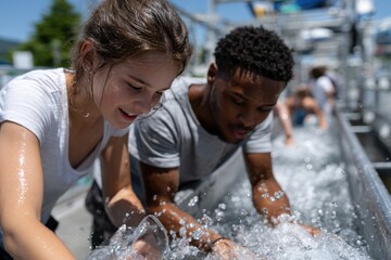 A joyful scene of young individuals engaging in refreshing water play outdoors, reflecting the spirit of togetherness, laughter, and summer fun.