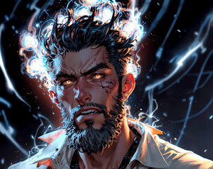 exaggerated extreme impression painting illustration of angry man with glowing eyes