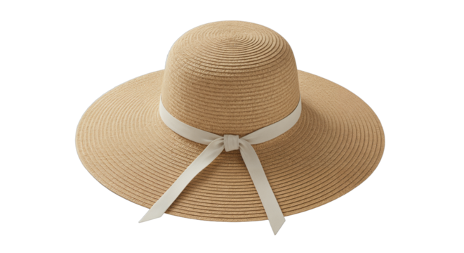 Elegant straw sun hat with white ribbon large brim, stylish fashion accessory for summer, isolated on transparent background, headwear apparel clothing concept