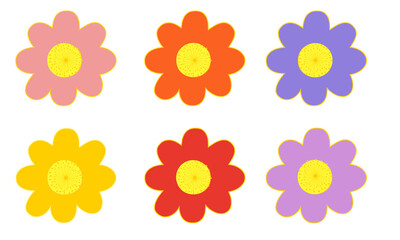 Cute round colorful retro flowers. Flat design. White background, png, Isolated.