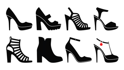 Black high heels collection set, silhouette icon. Women shoes design vector illustration, set of women shoes