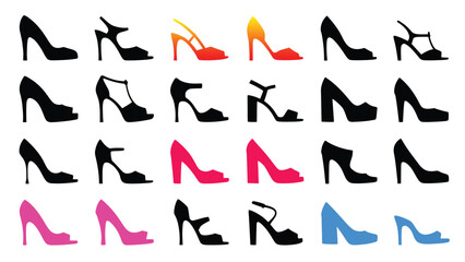 Black high heel shoes silhouette set. Women's shoes, black sandals, silhouette set. vector set of shoes