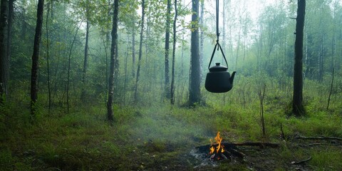 A kettle is resting above a campfire in a calm and serene setting within a beautiful forest