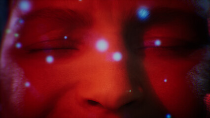 Scientific visualization of person surrounded by magnified bacteria and viruses in air particles.