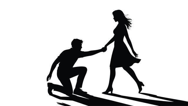 Silhouette of a man begging on his knees in front of his wife