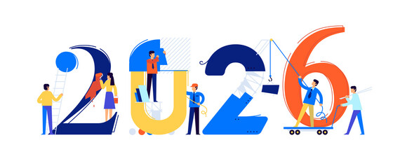 Office staff are preparing to meet the new year 2026.  Cartoon characters repair the numbers. Image is isolated on white background. Flat illustration for banner and site.