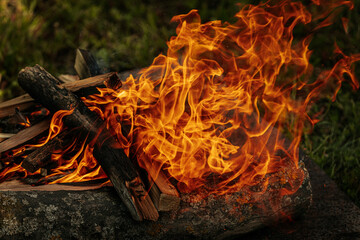 Bright orange flames rise from burning firewood arranged on a stone surface in an outdoor setting,...