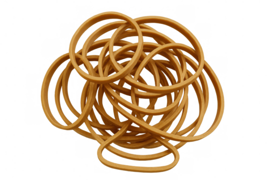 Tangled rubber bands creating complex, interconnected pattern against transparent backdrop, highlighting texture and visual dynamics of flexible material