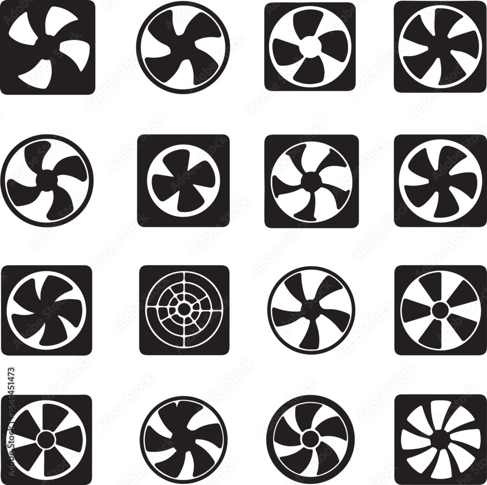 Aufkleber assorted collection of fan illustrations displaying different shapes and blade configurations in bla