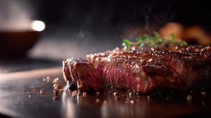Juicy medium-rare ribeye steak, perfectly grilled. A celebration of rich flavors and culinary mastery