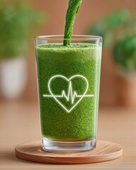 Daily heart habits, Fresh green smoothie with heart and pulse design, promoting health. Daily habits for a strong heart that promote healthy routines