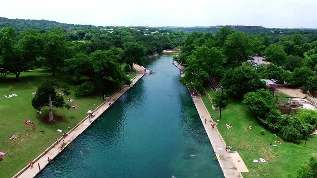 Aerial View of Barton Springs Pool, Green Water, Natural Spring, Texas Landscape