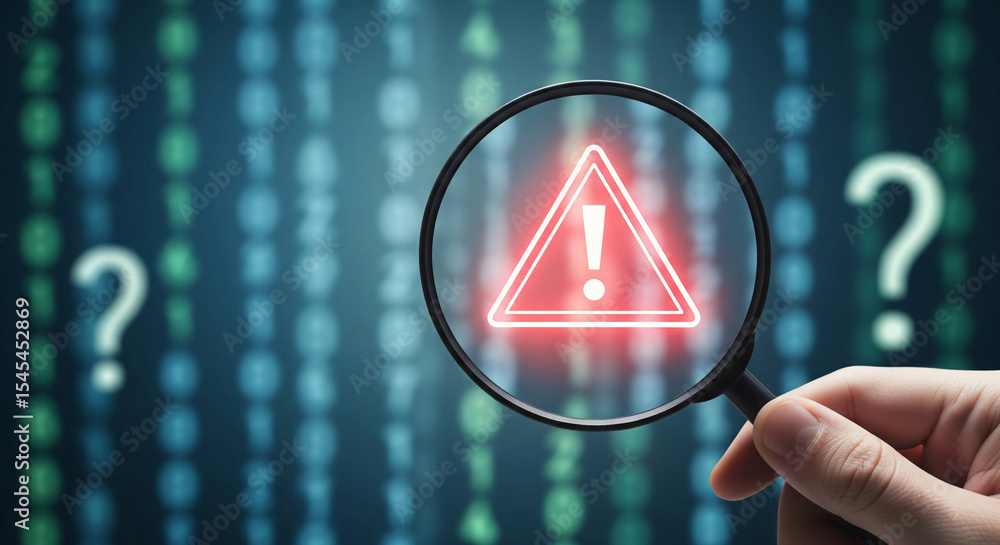 Poster magnifying glass focuses on red warning triangle with exclamation mark, set against blurred backgrou