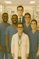 Illustration of diverse group of smiling male healthcare professionals including doctors and nurses standing together in a brightly lit hospital room