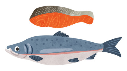 さけ・切り身セット　水彩風手描きイラスト