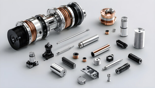 Exploded view of electric vehicle motor with detailed components on gray background. 3D rendering of eco-friendly car engine. Innovative motor tech for electric vehicles