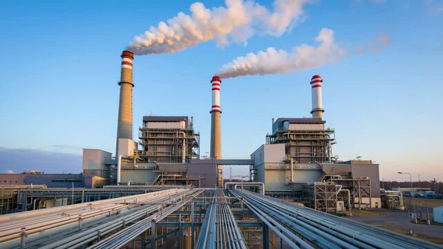 Power plant with smokestacks and piping, energy production facility, electricity generation site