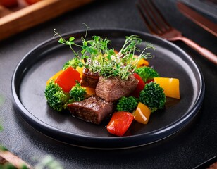 close up of a plate with meat cubes and vegetables garnished with microgreens on a dark plate