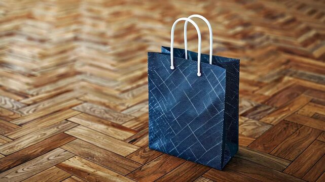 Stylish Shopping Bag on Wooden Floor: A navy blue shopping bag with a geometric pattern sits on a rich, dark brown herringbone wooden floor.