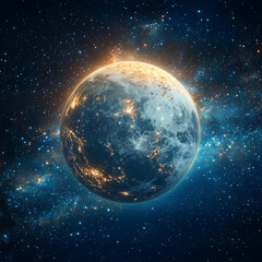 Moon out in the space, Blue moon glowing with  halo isolated on black background.  Amber moon, Full moon with star ,