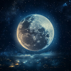 Moon out in the space, Blue moon glowing with  halo isolated on black background.  Amber moon, Full moon with star ,