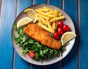 breaded fish fillet with french fries rocket salad with cherry tomatoes and lemon wedges on a plate