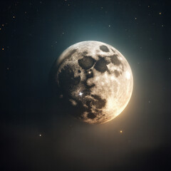 Moon out in the space, Blue moon glowing with  halo isolated on black background.  Amber moon, Full moon with star ,