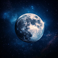 Moon out in the space, Blue moon glowing with  halo isolated on black background.  Amber moon, Full moon with star ,