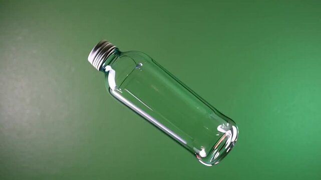 Transparent Glass Bottle with Metal Cap Floating Mid-Air Against Solid Green Wall with Reflective Highlights