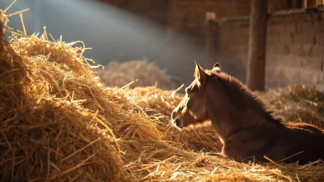 Young foal resting peacefully in a barn surrounded by golden straw as warm sunlight filters through the air