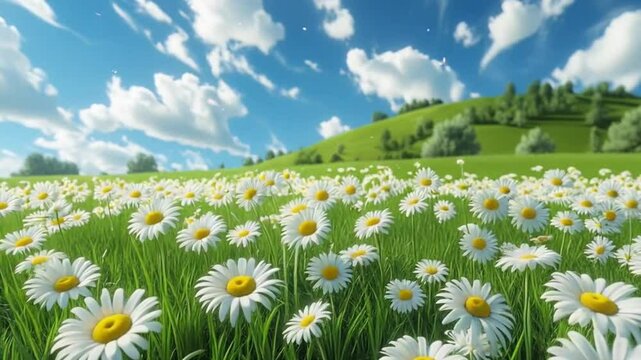 Beautiful green meadow filled with white and yellow daisies under a bright blue sky with soft clouds and gentle hills in the distance