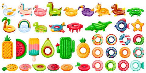 Naklejka na ściany i meble Pool inflatable rings and floats. Vector illustration of kids floating toys. Beach and swimming pool design elements