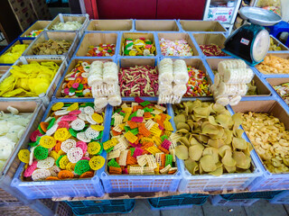 Kuala Lumpur - Malaysia, Circa October 2017: Colorful keropok for sale at a street market in Kuala Lumpur, Malaysia