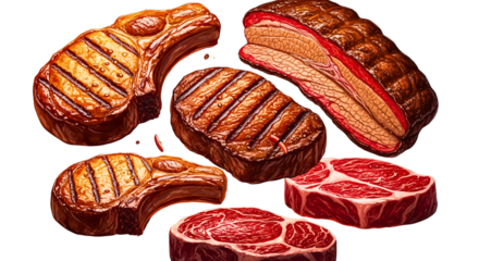 Grill Pork Chops steaks, realistic 3d brisket flying in the air, grilled meat collection, ultra realistic, icon, detailed, angle view food photo, steak composition | ...

