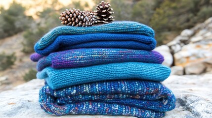 Cozy Knitwear Stack with Pine Cones in Natural Outdoor Setting