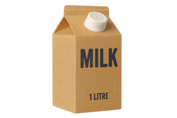 Cardboard one liter milk carton with white plastic cap, isolated on transparent background, ideal for healthy eating and lifestyle concepts
