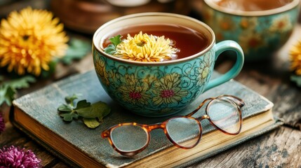 Cozy Tea Moment with Floral Tea Cup and Warm Atmosphere