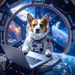 Adorable Corgi Astronaut dog Working on Laptop in Space Station
