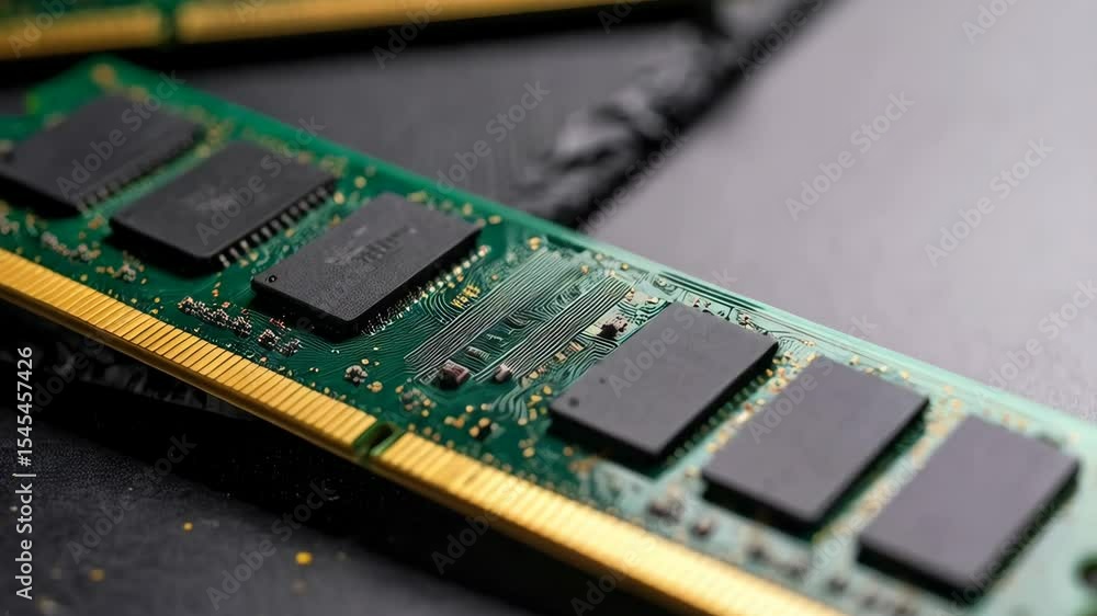Poster close-up on a memory module with gold connectors and integrated circuits, showcasing electronic tech
