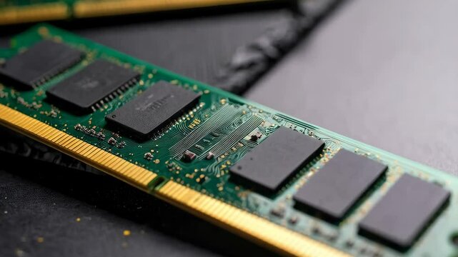 Close-up on a memory module with gold connectors and integrated circuits, showcasing electronic technology and data storage capabilities