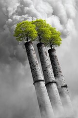 Industrial chimneys releasing green trees instead of smoke, symbolizing clean energy, ecological transformation and environmental hope