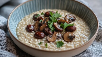 Creamy Mushroom Risotto with Herbs and Nutty Flavor in Bowl