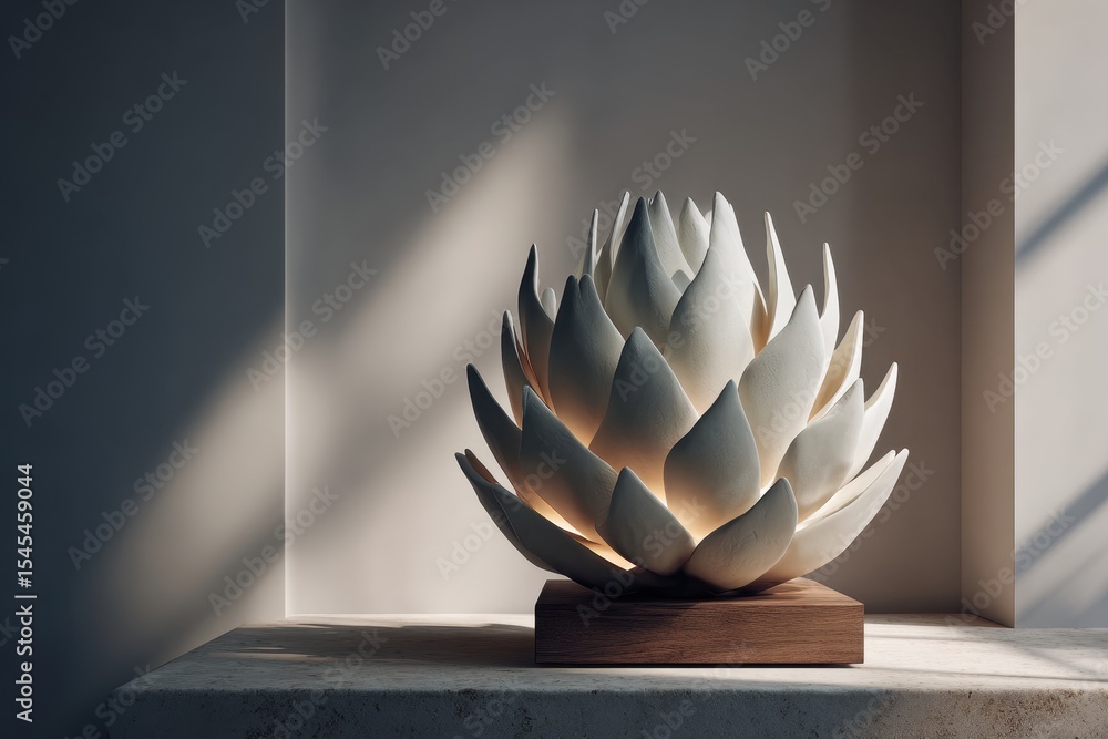 Poster Decorative white spherical vase sits on a ledge in a brightly lit room, with geometric blocks in the background creating an elegant indoor setting