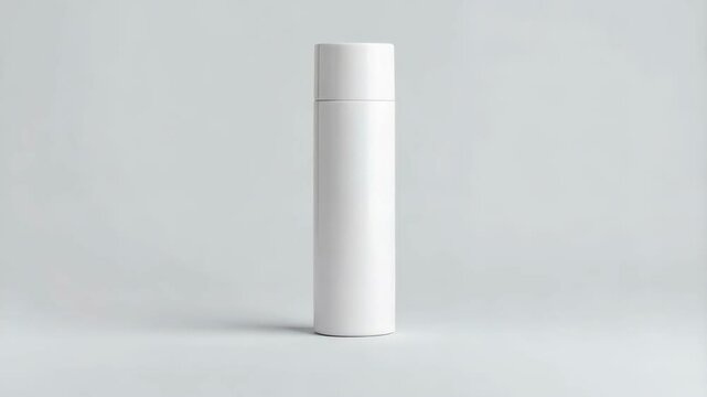 Minimalist shot of a white, cylindrical container with lid for beauty products against a grey background in a studio setting.